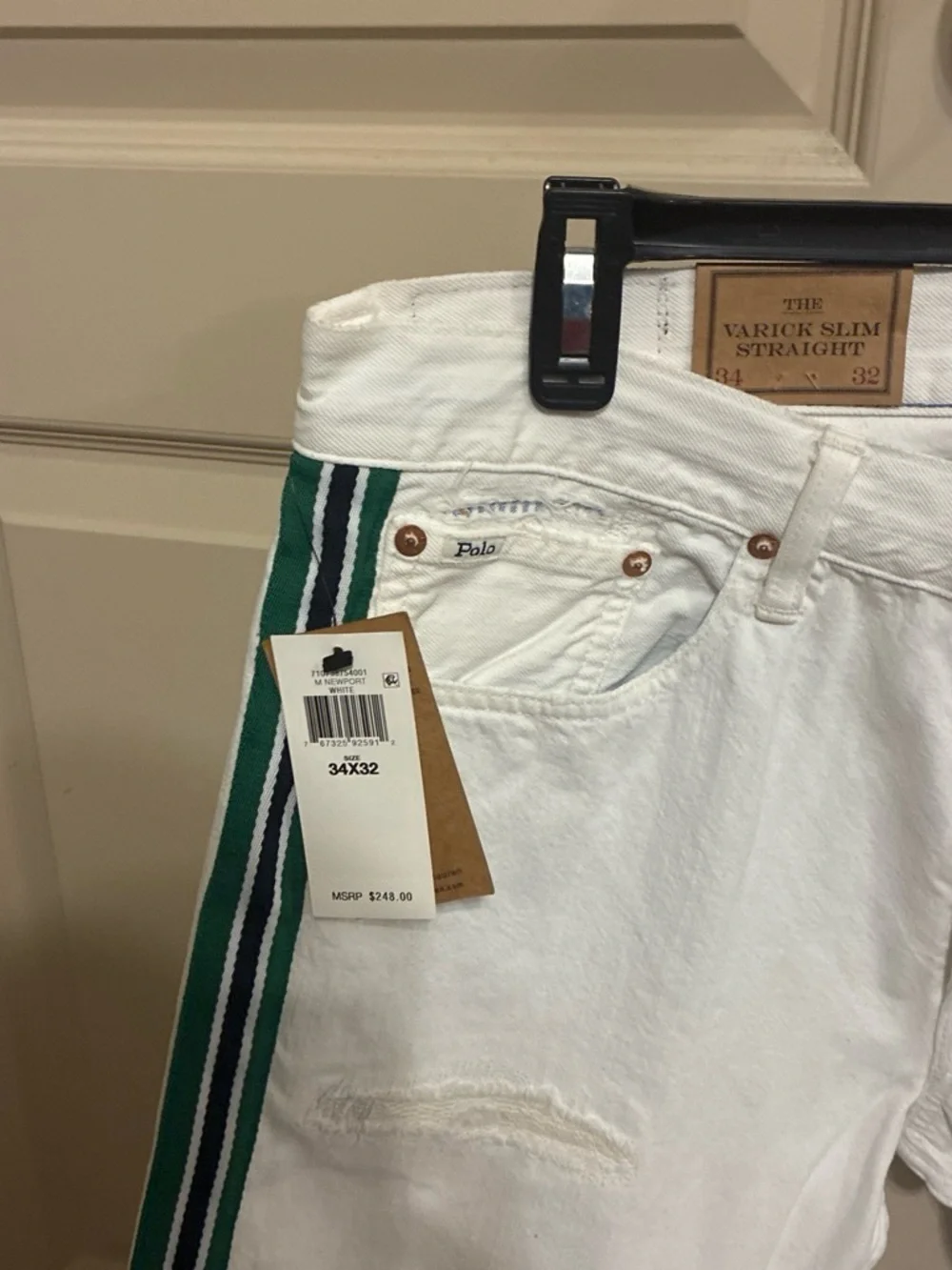 Polo by Ralph Lauren White Slim Straight Jeans with Green & Navy Side Stripes